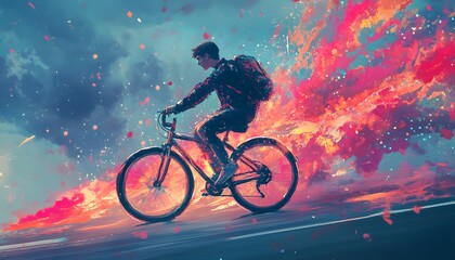 Fototapeta premium Young Man Rides Bicycle Through Fiery Sunset Sky