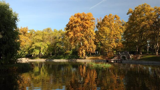 Budapest City Park (varosliget in Hungarian) during a beautiful autumn day, with orange vivid trees and lake in the middle of this park from Hungary. Sunny autumn day. Travel to Budapest. 4k video