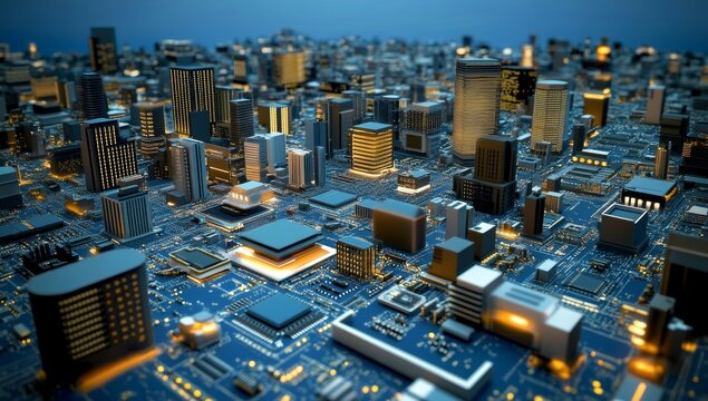 Futuristic Cityscape Resembling a Circuit Board