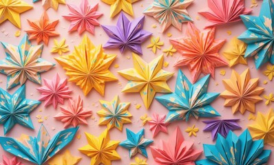 Colorful paper flowers on pink backdrop