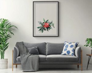 Modern Living Room Interior with Grey Sofa and Botanical Art Print - Minimalist Home Decor Inspiration with Green Plant