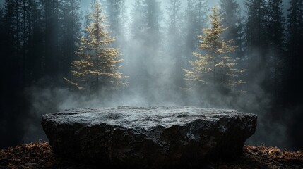 Misty forest stone platform, product display, nature background
