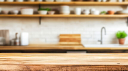 Rustic wooden countertop in modern kitchen with open shelves and blurred background. Scene stage for product presentations, food advertisements, and culinary branding, kitchenware and ingredients
