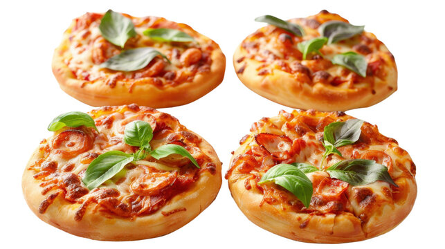 Four mini pizzas with tomato, cheese and basil on transparent background