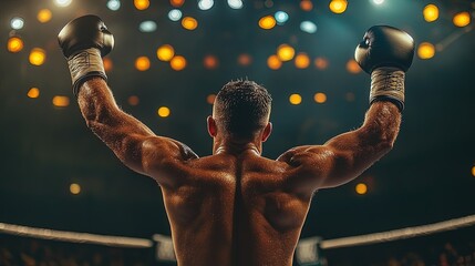 A victorious boxer raising their hands in triumph after a hard-fought match, displaying determination and pride  