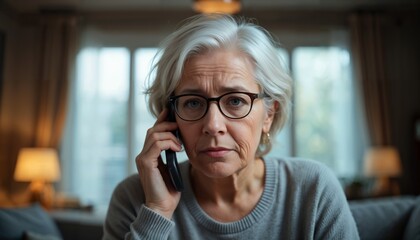 Senior woman with glasses talking on the phone indoors, appearing upset or frustrated.