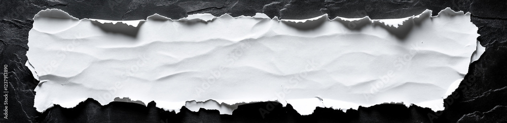 Poster white paper tear with empty space for text, isolated on a black background, panoramic banner. the to