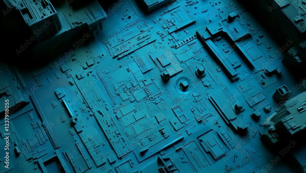 Poster abstract blue circuit board background with glowing elements on dark background