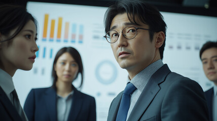 In a contemporary office environment in Japan, a group of business professionals engages in an animated discussion. 