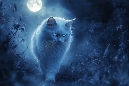 A white cat with piercing blue eyes walking along a winding forest path. Generative AI