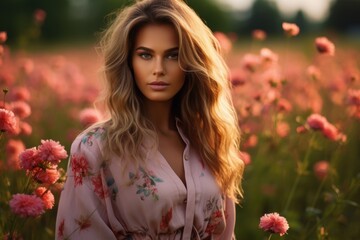 Naklejka premium A woman is standing in a field of pink flowers