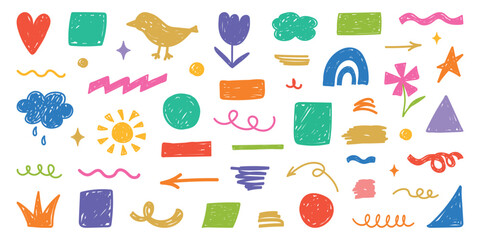 Crayon Hand drawn kids color figure set. Geometric pencil scribble. Abstract doodle elements, frames, brush with lines, chalk textures, kindergarten figures. Childish vector illustration.