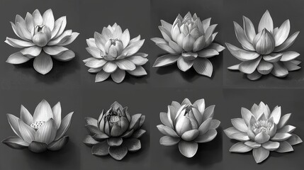 Monochrome lotus flower variations; botanical study; grey background; for spa, wellness, or meditation