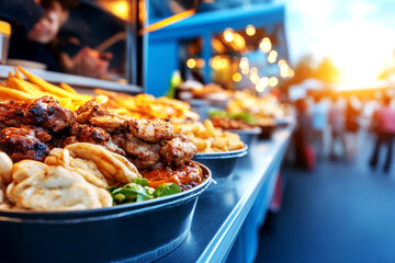 Delicious food truck experience at vibrant outdoor festival serving gourmet dishes and exciting flavors in a bustling urban environment