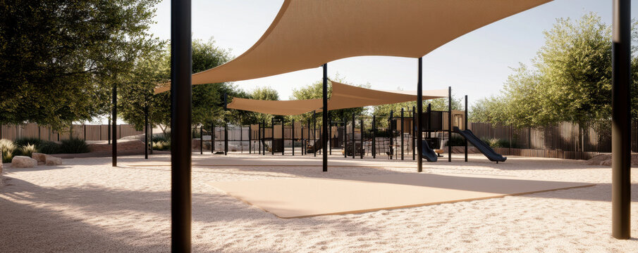 modern desert themed playground featuring large shade structures, sandy ground, and play equipment. serene environment is perfect for children to enjoy outdoor activities
