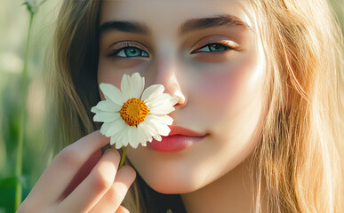 Summer Girl with Daisy: A radiant young woman with long blonde hair gently holds a delicate daisy to her face, sunlight illuminating her flawless skin and captivating green eyes.