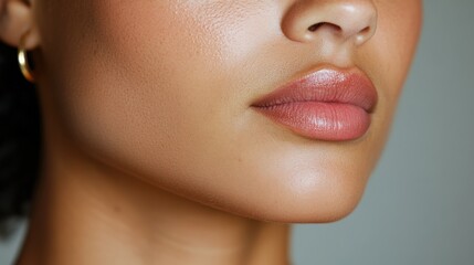 Close-Up Portrait of a Young Woman Showcasing Healthy Skin and Glossy Lips, Captured with Soft Lighting Against a Neutral Background