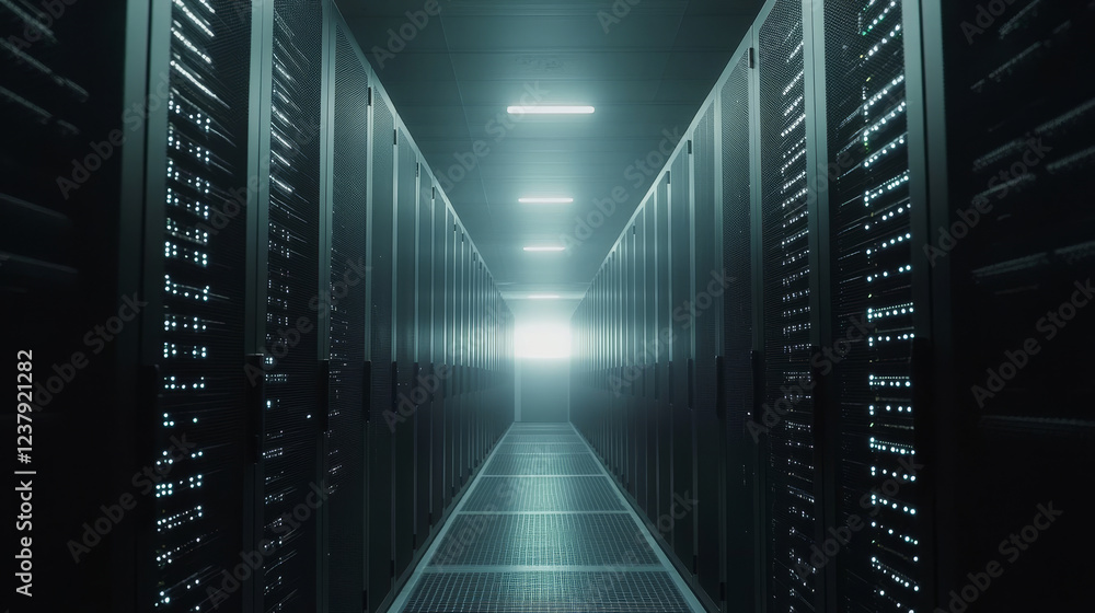 Poster data center outline icon with computer servers rack. cloud storage, datacenter technology and inform