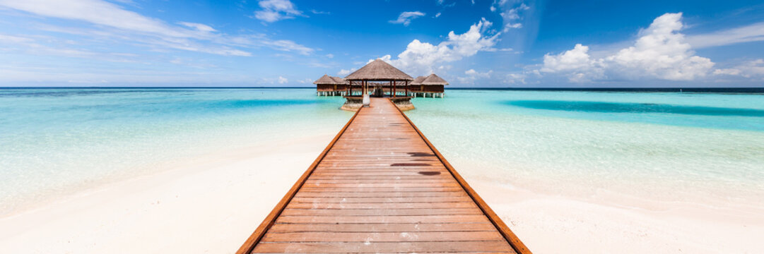 Panoramic of jetty on a tropical island, Maldives