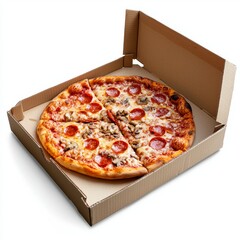 Delicious Pepperoni Pizza in Cardboard Box Ready for Delivery, Freshly Baked and Topped with Cheese and Mushrooms