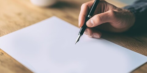 Cost of living and mortgage concept. A hand holding a pen over a blank sheet of paper on a wooden table.