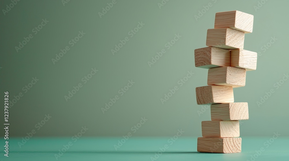Poster risk forecast challenge concept. wooden blocks stacked on a green background creating a minimalist a