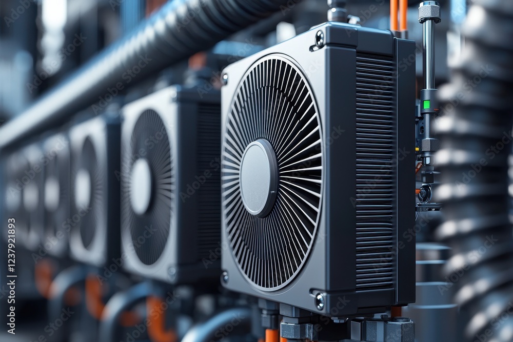 Poster the image features a close-up of multiple industrial cooling fans, showcasing intricate designs and 