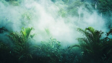 Obraz premium Tropical rainforest with fog and mist. Nature background