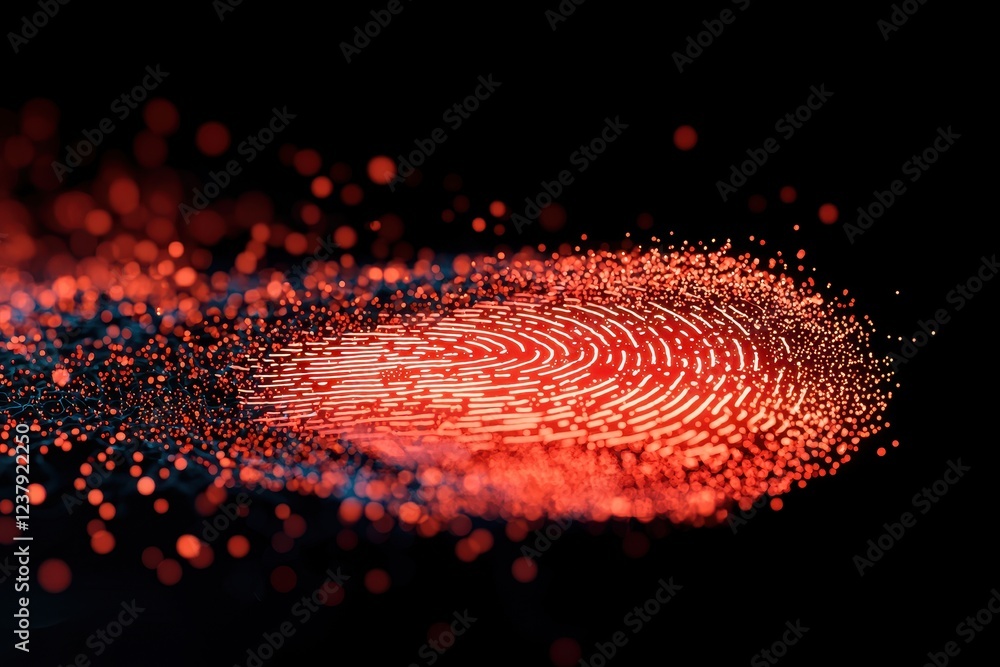 Poster a vibrant, abstract representation of a fingerprint created with particles and light against a dark 