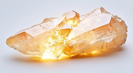 Glowing citrine cluster quartz crystal on white background.