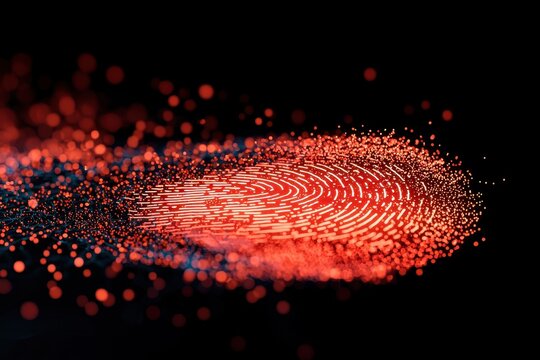 A vibrant, abstract representation of a fingerprint created with particles and light against a dark background.
