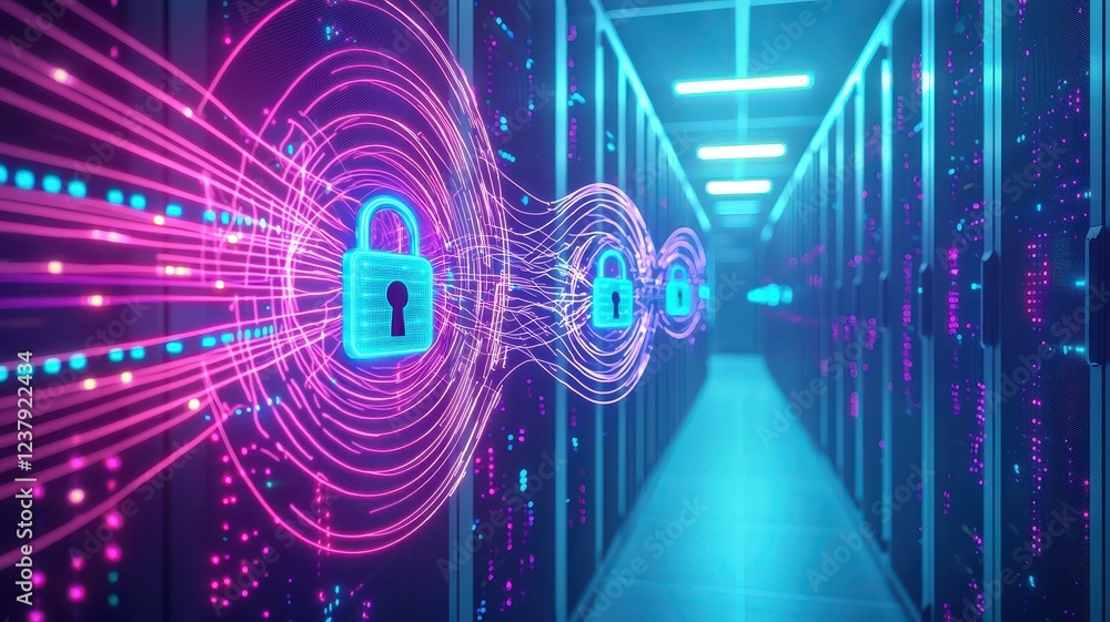 Poster a digital corridor with glowing locks symbolizing cybersecurity, featuring vibrant colors and data s