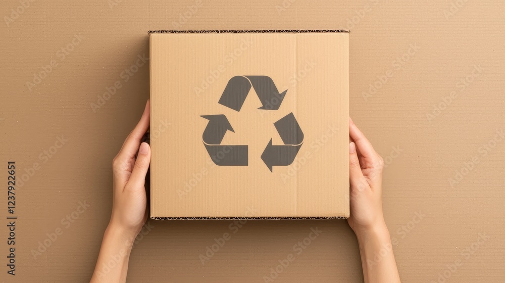 Poster recycle reduction sorting concept. cardboard box with a recycling symbol held by hands.