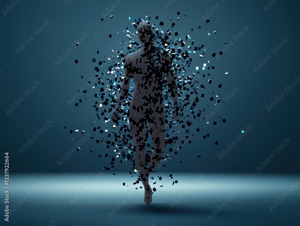 Aufkleber a digital representation of a figure dissolving into particles, symbolizing transformation, abstract