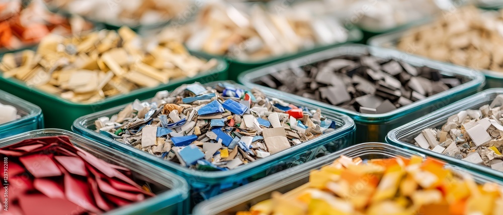 Poster recycle reduction sorting concept. colorful assortment of materials in trays, showcasing texture and