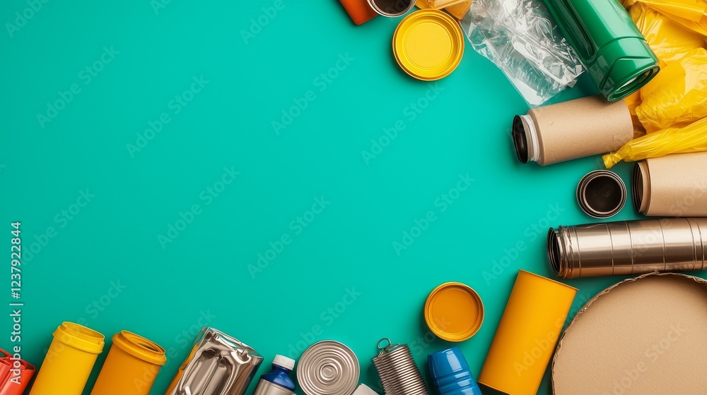 Aufkleber recycle reduction sorting concept. colorful assortment of containers arranged on a teal background.