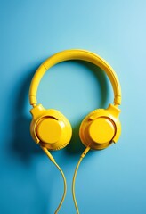 Naklejka premium Yellow headphones or earphone computer on a blue pastel background