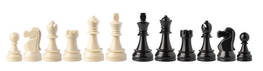Black and white chess pieces floating on transparent background