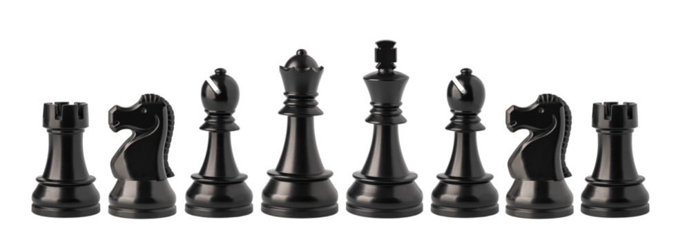 Black chess pieces floating on transparent background