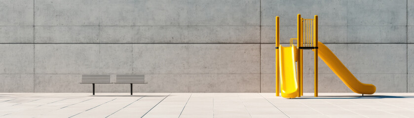 Minimalist playground with sleek yellow slide and bench against concrete wall. serene space for children to play and explore, combining modern design with functionality