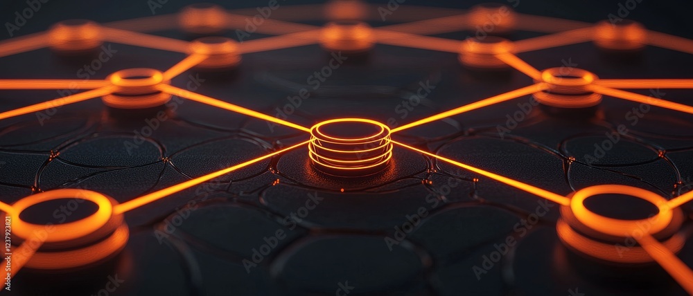 Poster strategy decision framework concept. futuristic network design with glowing orange connections and d