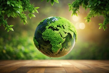 A Lush Green Planet Earth Hovering Above Wooden Surface, Symbolizing Environmental Conservation and Sustainable Growth