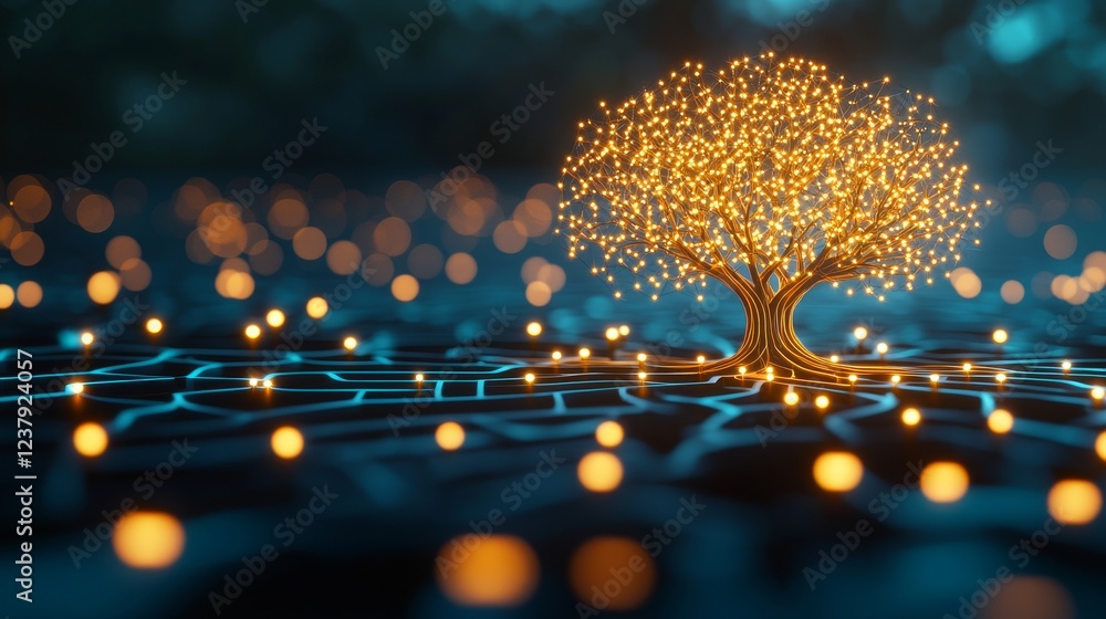 Poster strategy decision framework concept. glowing tree surrounded by luminous lights on a dark background