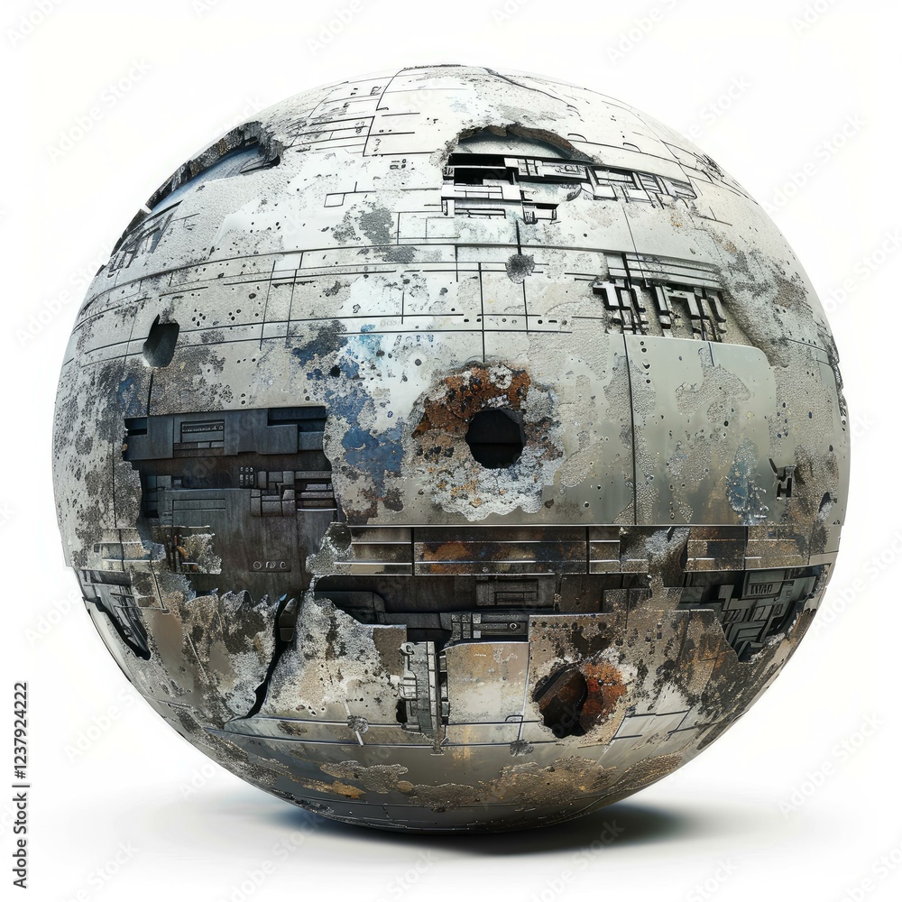 Aufkleber grungy metallic sphere with visible damage and signs of deterioration isolated on a white background
