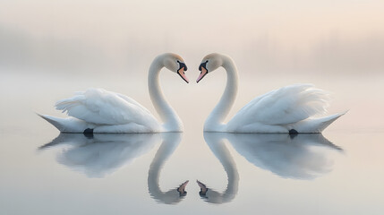 Two swans are swimming in a lake, their heads are facing each other. The water is calm and the sky is cloudy