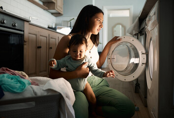 Home, woman and baby with stress for laundry, multitask late and tired of household chores. House,...