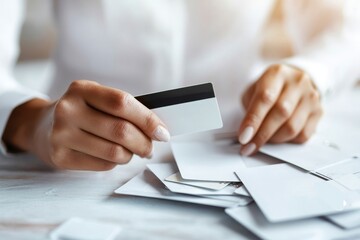 Wealth and financial pressure concept. Hand holding a blank credit card over a pile of cards on a table.