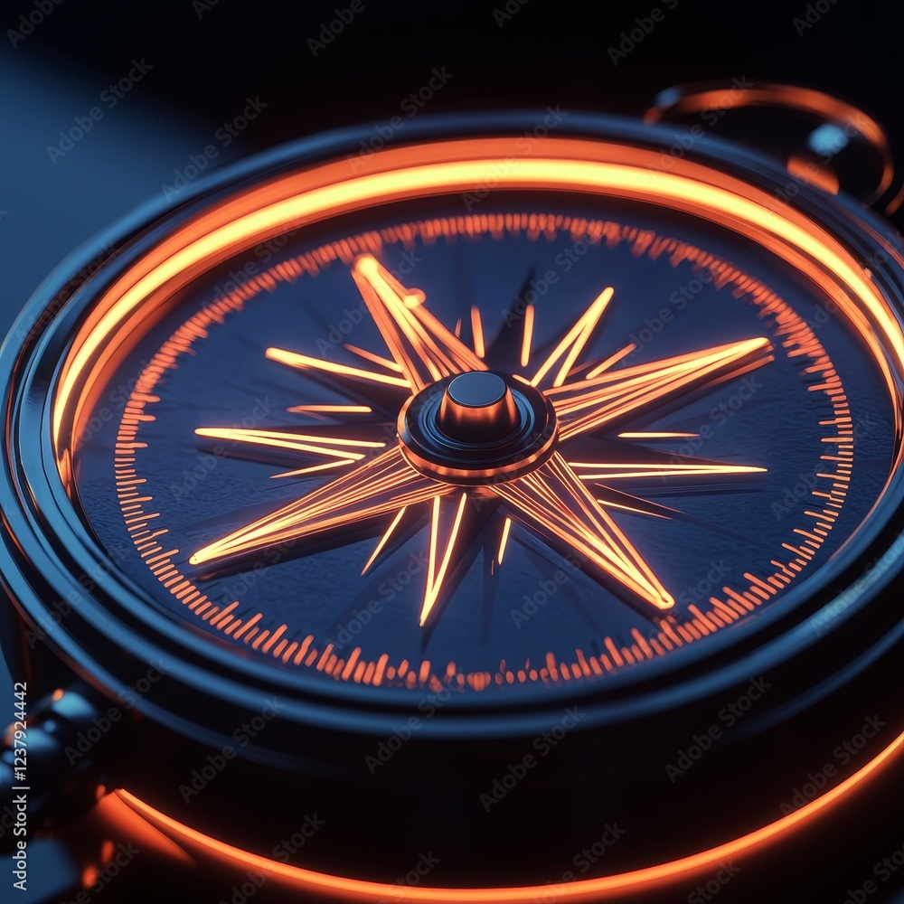 Poster strategy decision framework concept. illuminated compass on a dark background with vibrant orange de