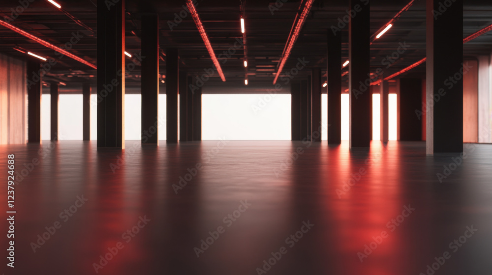 Poster spacious open plan office with collaborative environment, featuring sleek flooring and modern lighti