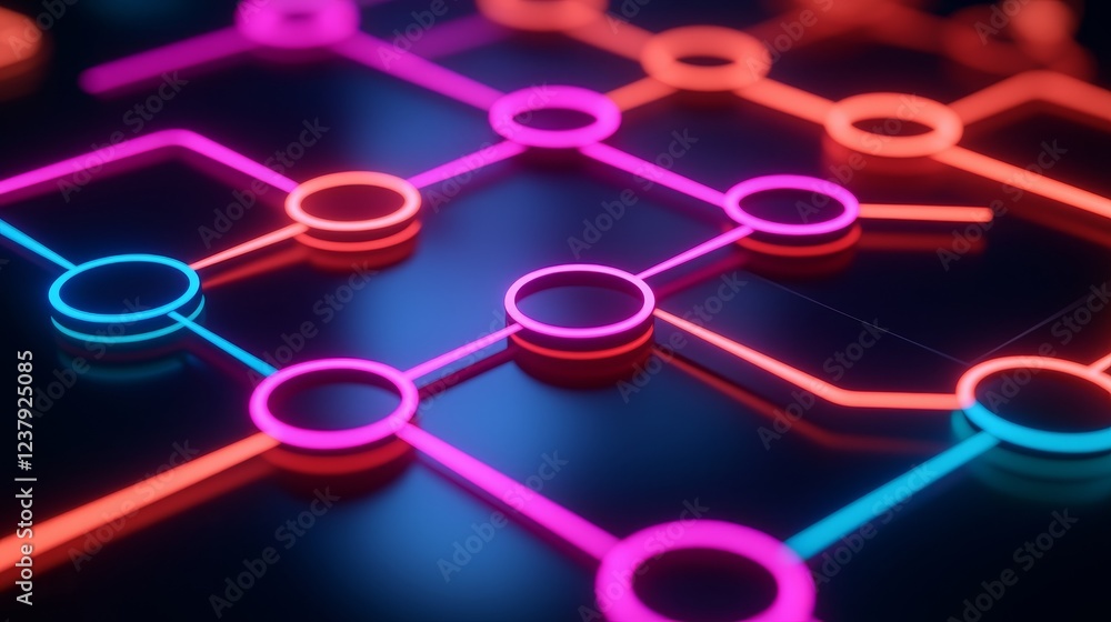 Poster strategy decision framework concept. neon abstract circuit pattern in vibrant colors on a dark backg